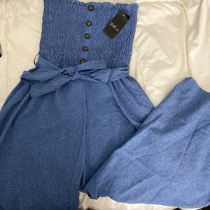 BLUE STRAPLESS JUMPSUIT